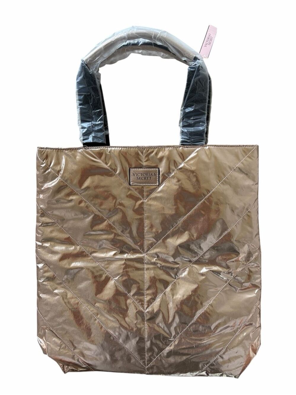 New Victoria’s Secret Gold Metallic Quilted Tote Bag Retail $58 Shiny Shoulder